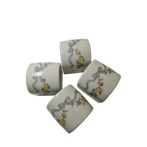 Set of 4 Victoria Napkin Rings Porcelain Blue Ribbon Floral Accents Cottage Tea